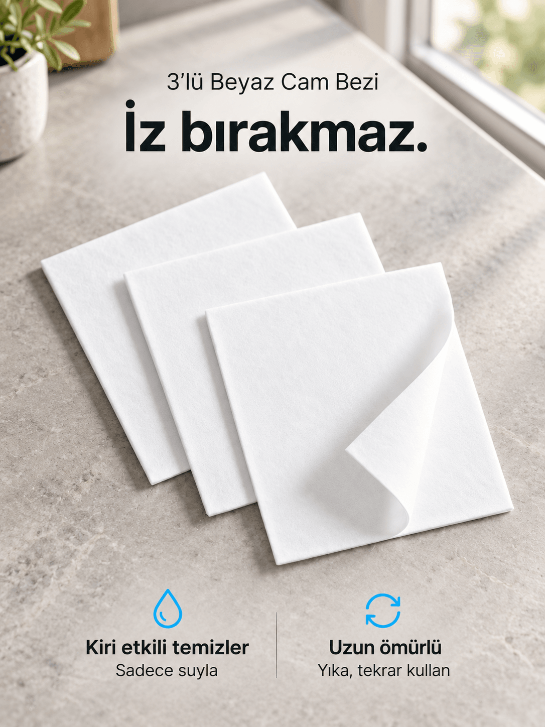 3'lü Beyaz Cam Bezi | Tekrar Kullanılabilir & Uzun Ömürlü | İz Bırakmaz